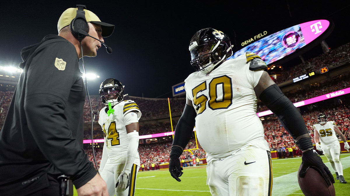 New Orleans Saints defensive tackle Khalen Saunders (50) reacts after an interceptions during the second half against the Kansas City Chiefs at GEHA Field at Arrowhead Stadium.