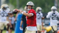 New Orleans Saints quarterback Tyler Shough (6) during training camp at Ochsner Sports Performance Center.