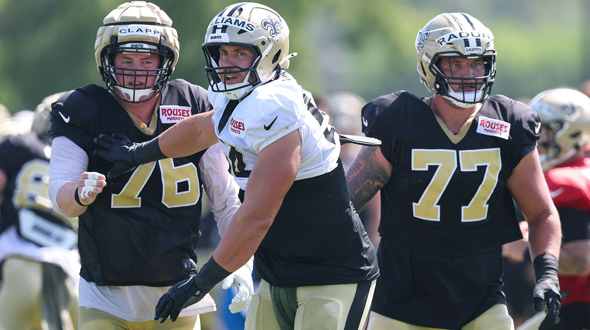 New Orleans Saints center Will Clapp (76) and offensive tackle Dillon Radunz (77) Ochsner Sports Performance Center.