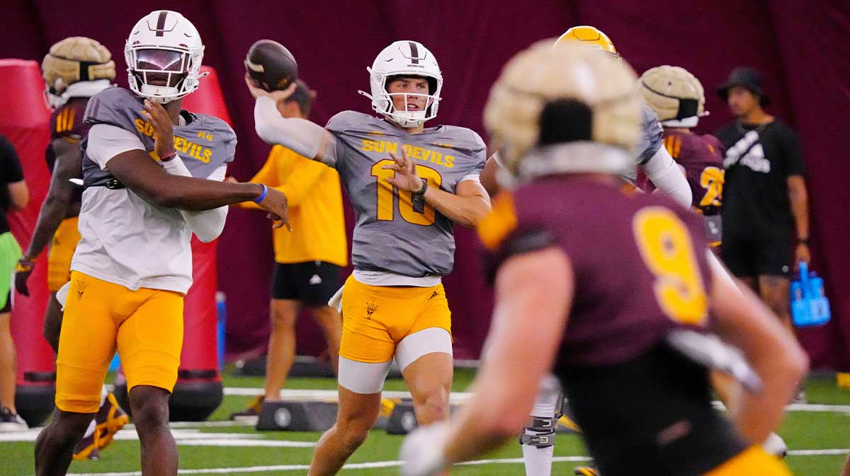 Arizona State quarterback Sam Leavitt (10) throws a pass during a practice at the Verde Dickey Dome in Tempe on Aug. 19, 2025.