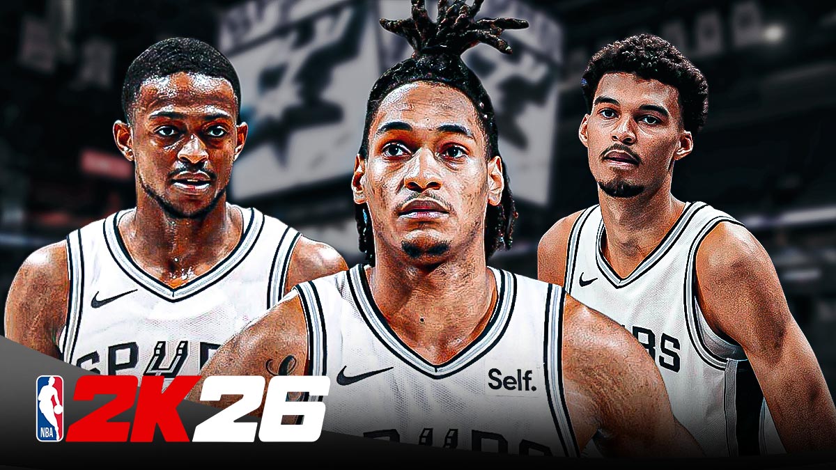 Spurs' Victor Wembanyama, De'Aaron Fox, and Devin Vassell all looking serious, NBA 2K26 logo beside them