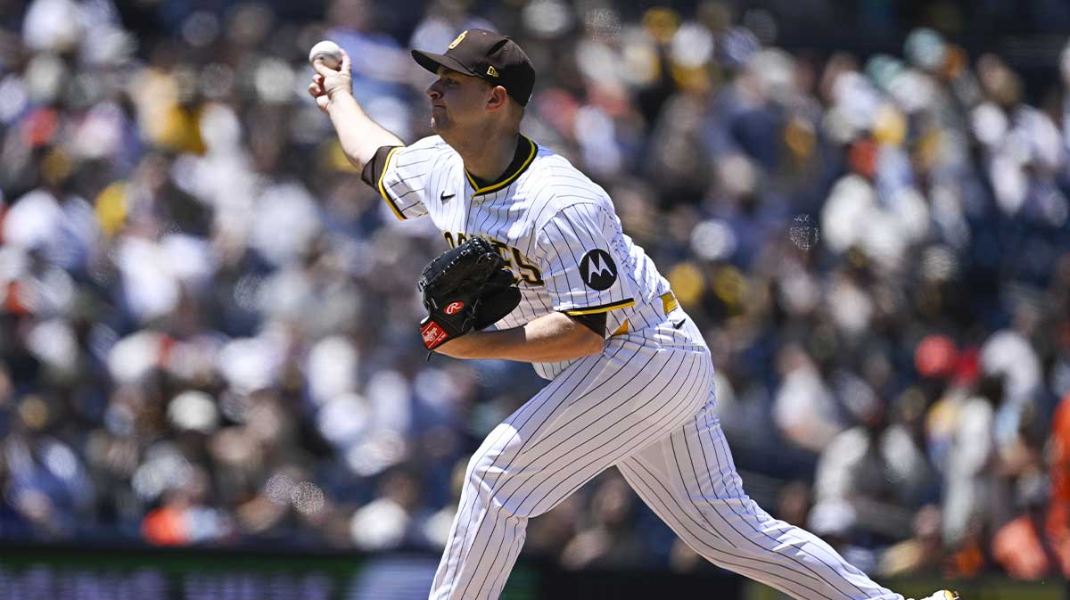 San Diego Padres starting pitcher Michael King (34) delivers during the first inning against the San Francisco Giants at Petco Park.