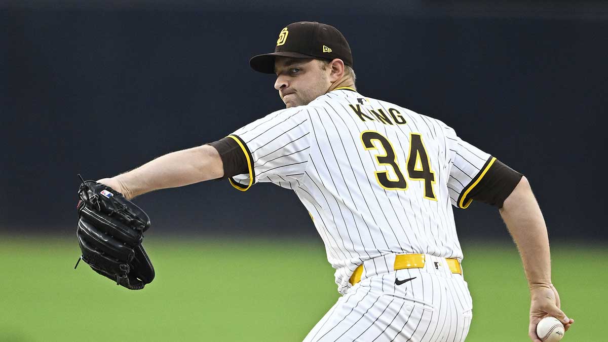 San Diego Padres starting pitcher Michael King (34) delivers during the first inning against the Los Angeles Angels at Petco Park.
