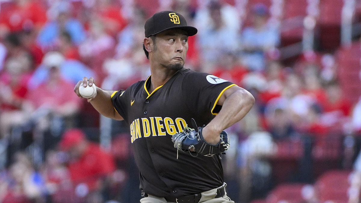 San Diego Padres starting pitcher Yu Darvish (11) pitches against the St. Louis Cardinals during the first inning at Busch Stadium.