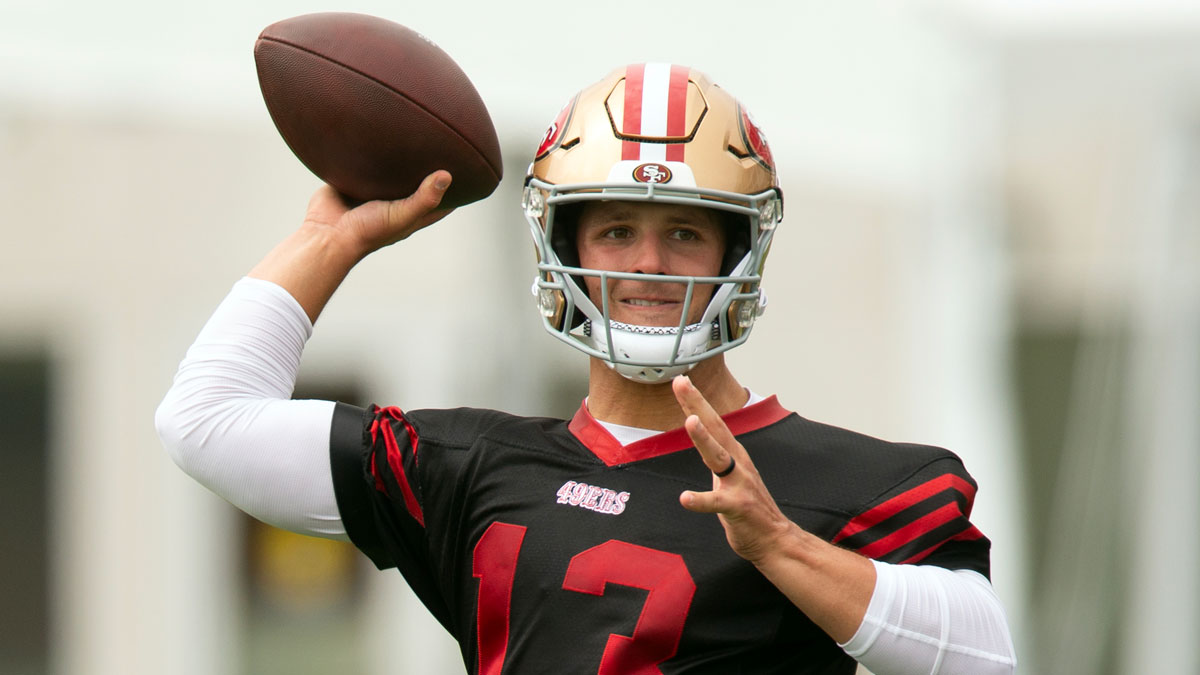 San Francisco 49ers quarterback Brock Purdy (13) throws a pass during drills on the second day of training camp.
