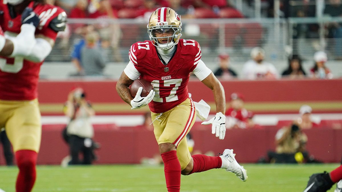 San Francisco 49ers wide receiver Jordan Watkins (17) makes a catch against the Denver Broncos in the third quarter at Levi's Stadium.