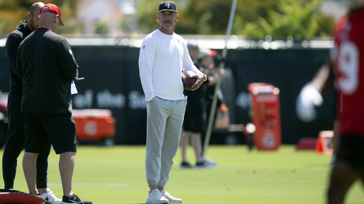 San Francisco 49ers head coach Kyle Shanahan watches his players work out during an OTA at Levi's Stadium.