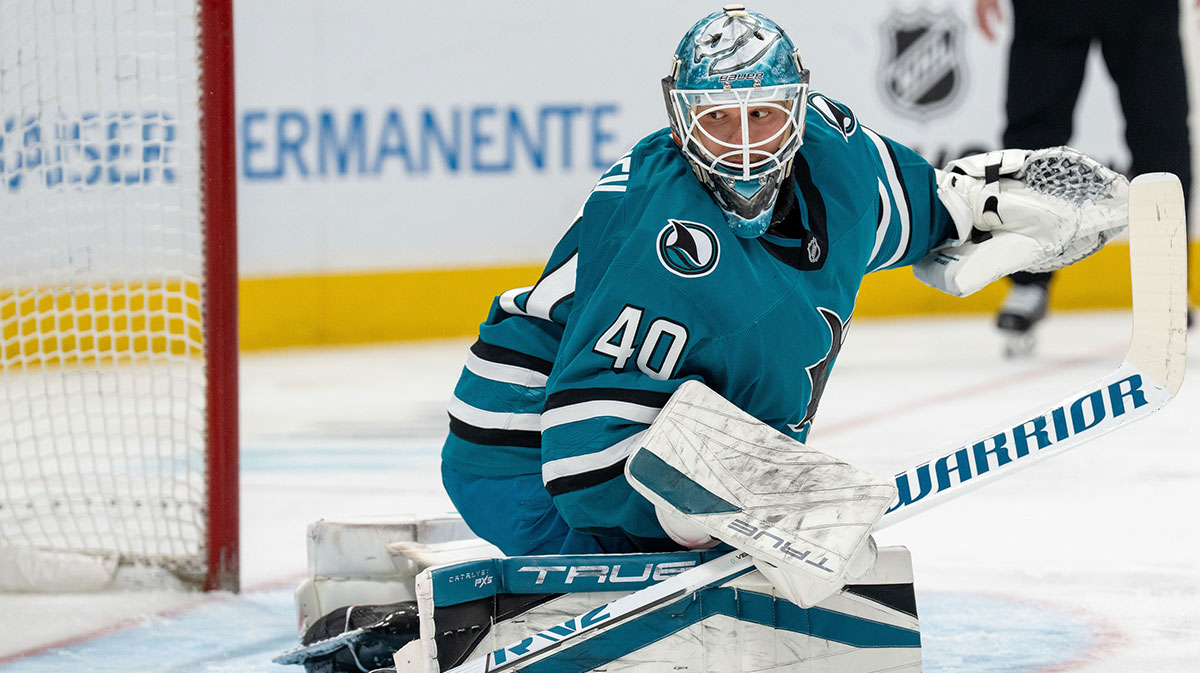 San Jose Sharks goaltender Alexandar Georgiev (40) reacts after the shot on goal against the Edmonton Oilers during the first period at SAP Center at San Jose.