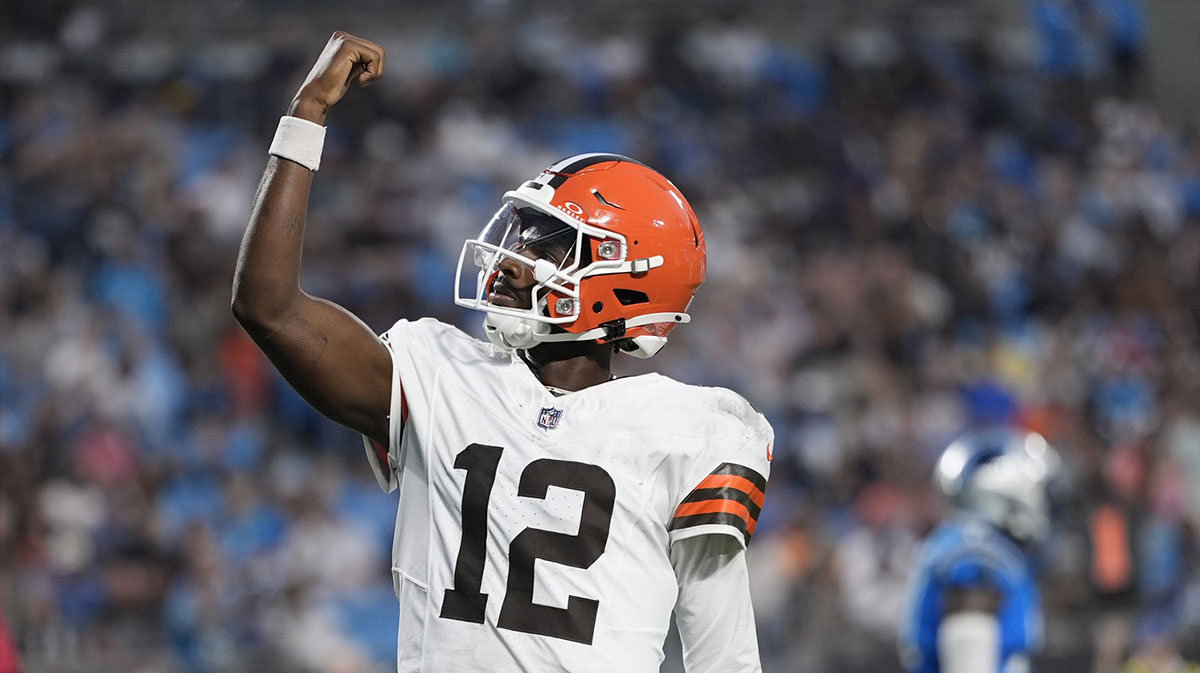 Cleveland Browns quarterback Shedeur Sanders (12) celebrates his touchdown pass against the Carolina Panthers during the second quarter at Bank of America Stadium.
