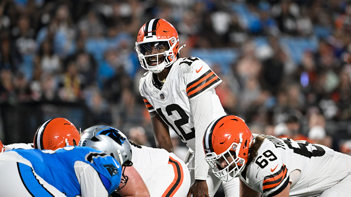 Cleveland Browns quarterback Shedeur Sanders (12) at the line of scrimmage in the third quarter at Bank of America Stadium.