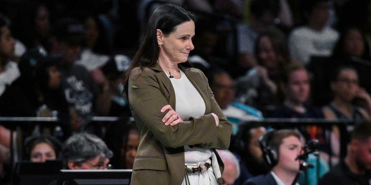 New York Liberty head coach Sandy Brondello looks on during the first half against the Minnesota Lynx at Barclays Center.