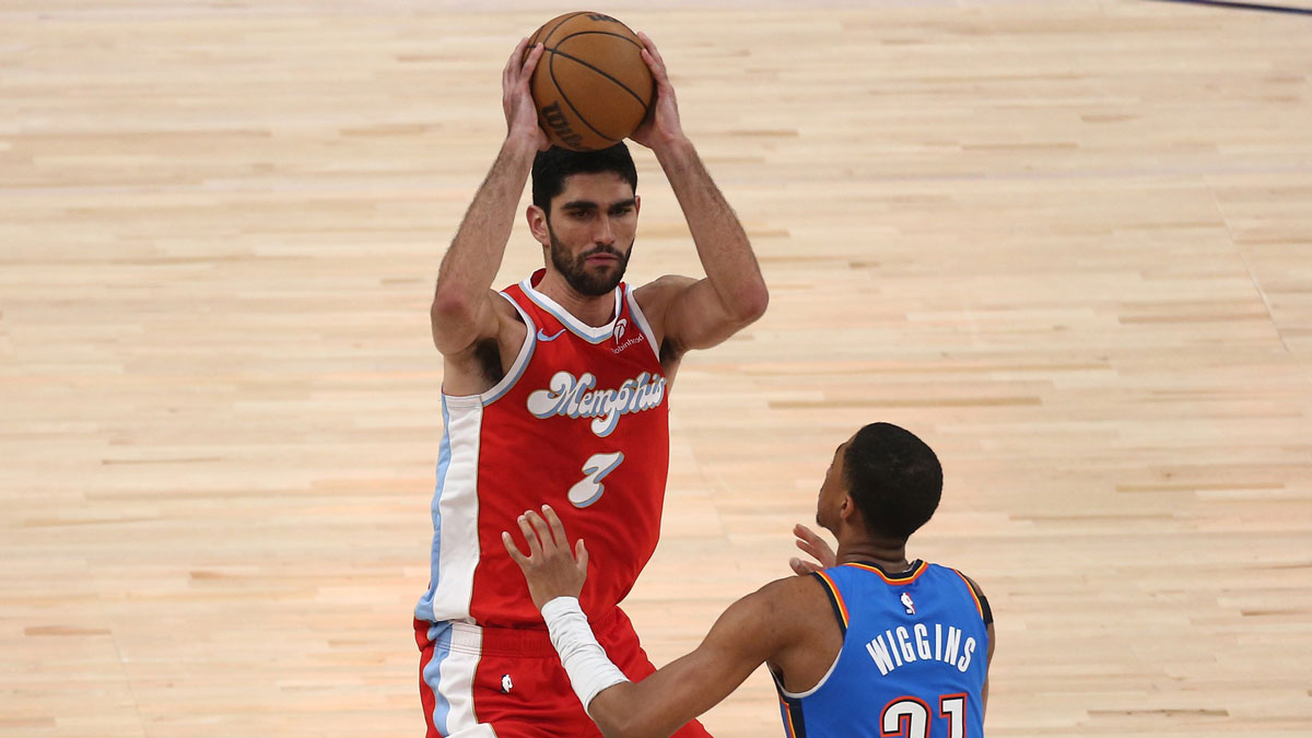Memphis Grizzlies forward Santi Aldama (7) handles the ball as Oklahoma City Thunder guard Aaron Wiggins (21) defends during the first quarter during game four for the first round of the 2024 NBA Playoffs at FedExForum.