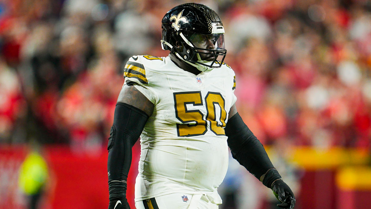 New Orleans Saints defensive tackle Khalen Saunders (50) reacts during the second half against the Kansas City Chiefs at GEHA Field at Arrowhead Stadium.
