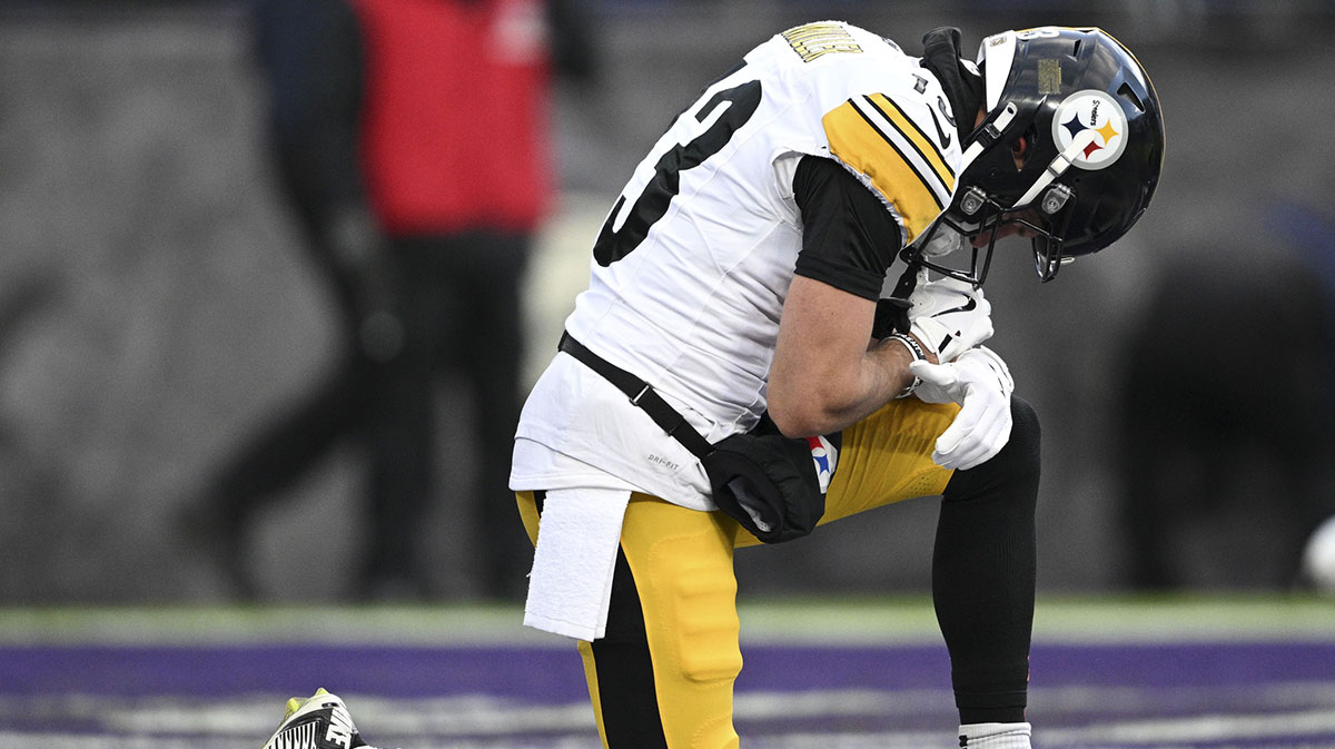 Pittsburgh Steelers wide receiver Scotty Miller (13) takes a monument in the end zone before the game against the Baltimore Ravens at M&T Bank Stadium.