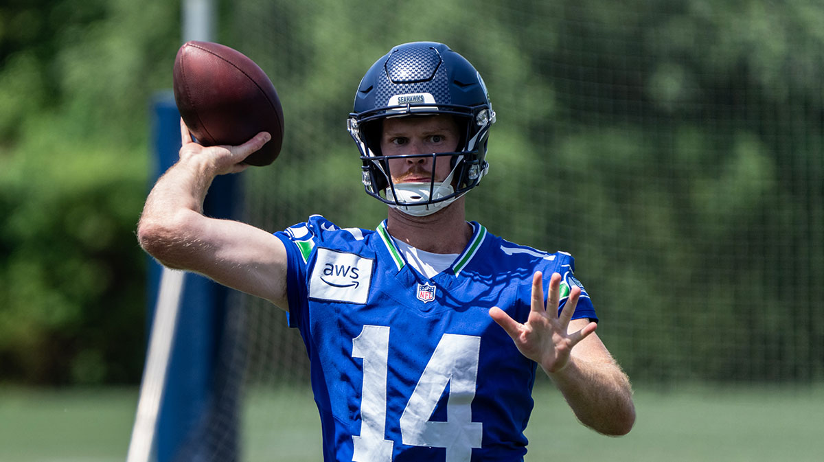 Seattle Seahawks quarterback Sam Darnold (14) passes the ball during mini-camp at Virginia Mason Athletic Center.
