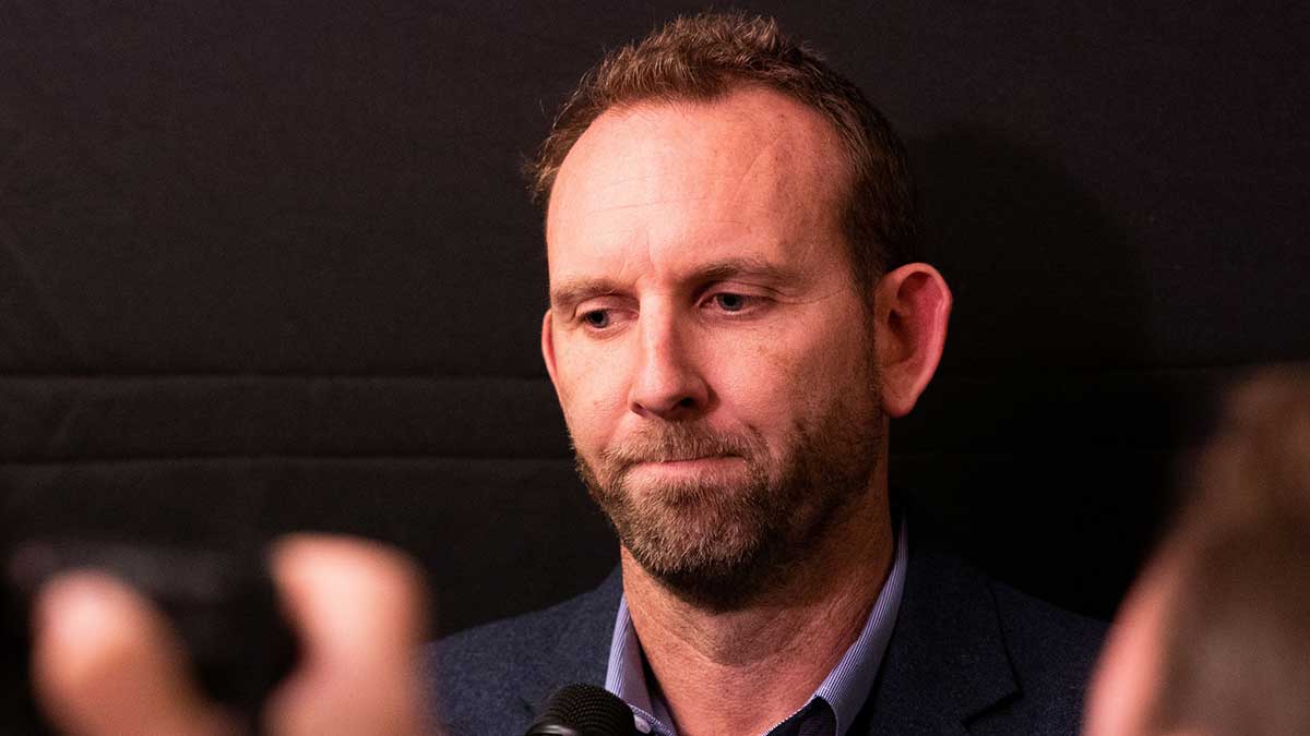 Brooklyn Nets general manager Sean Marks speaks with the media about the injury status of Kyrie Irving (not pictured) before a game against the Philadelphia 76ers at Wells Fargo Center.