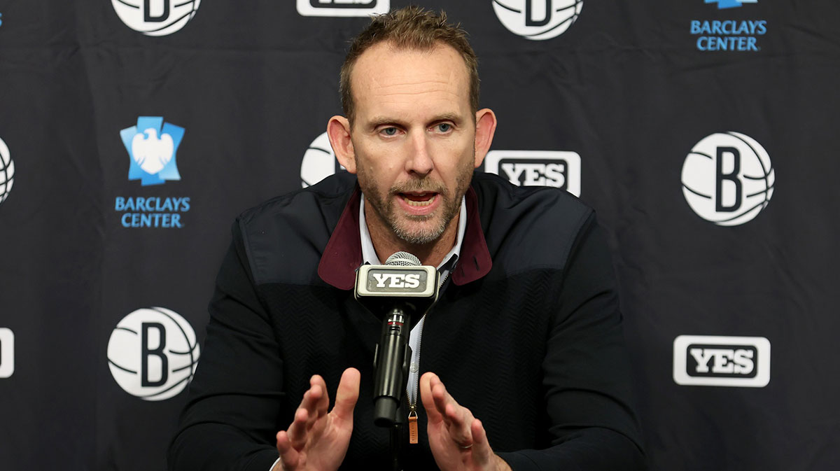Brooklyn Nets general manager Sean Marks speaks during a press conference before a game against the New York Knicks at Barclays Center.