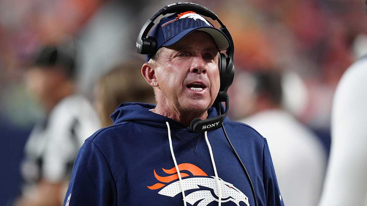 Denver Broncos head coach Sean Payton calls out during the first quarter against the Arizona Cardinals at Empower Field at Mile High.