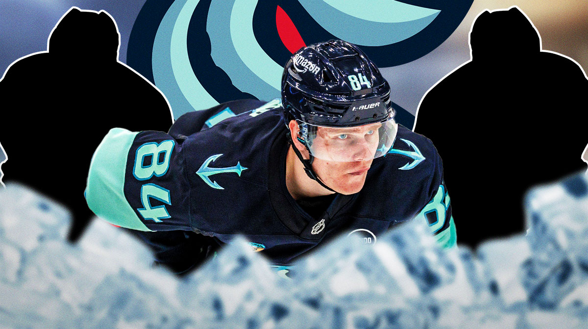 Kaapo Kakko in the middle with two mystery players, Kraken logo in the background