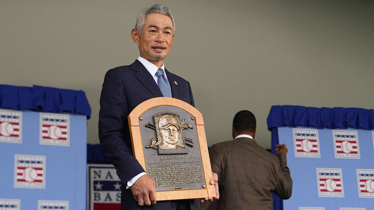 Hall of Fame inductee Ichiro Suzuki poses with his Hall of Fame plaque after the Baseball Hall of Fame Induction Ceremony at the Clark Sports Center.