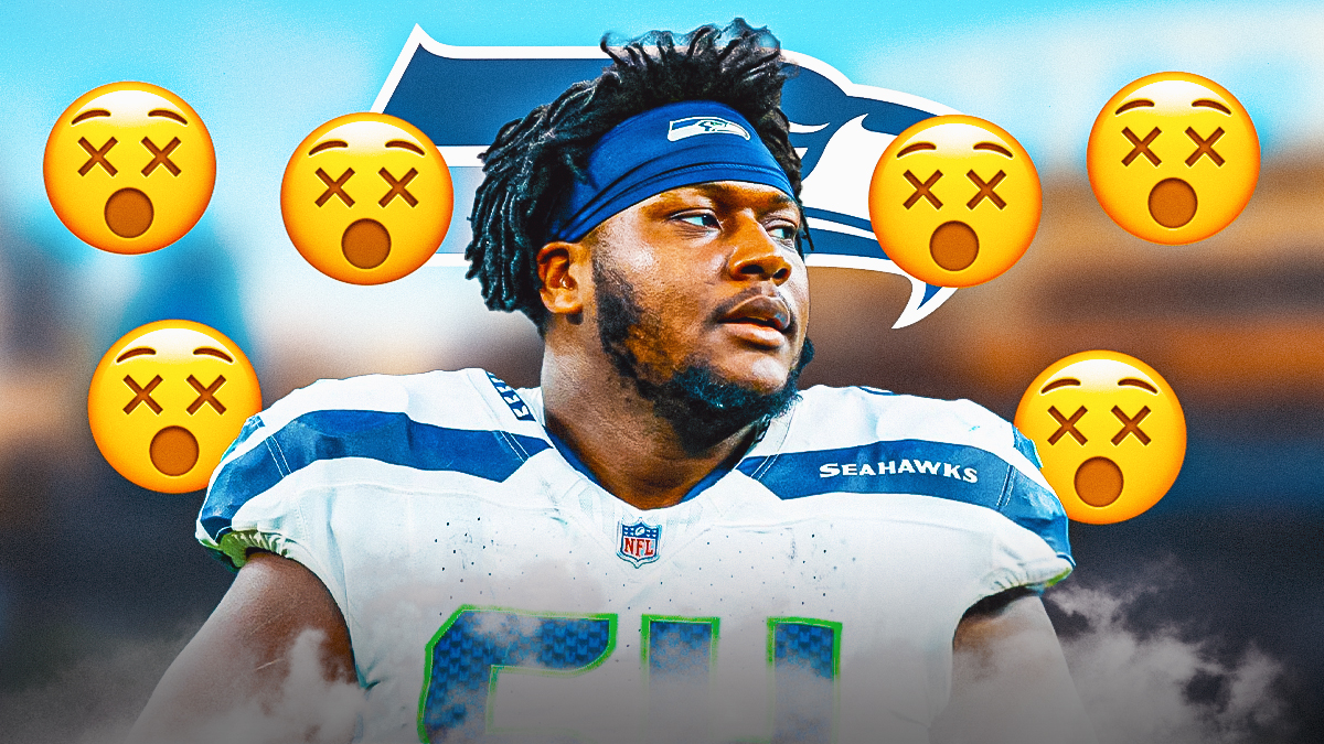 Christian Haynes in the middle with 😵 emojis around him, Seattle Seahawks logo in the background