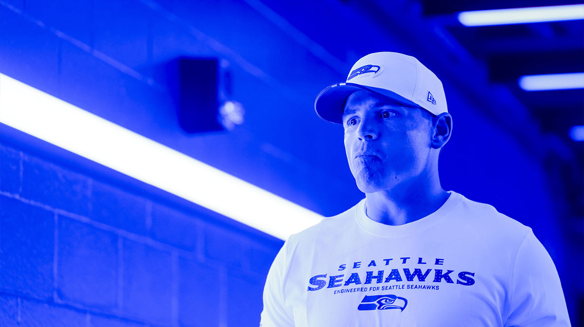 Seattle Seahawks head coach Mike Macdonald exits the locker room before pregame warmups against the Kansas City Chiefs at Lumen Field.