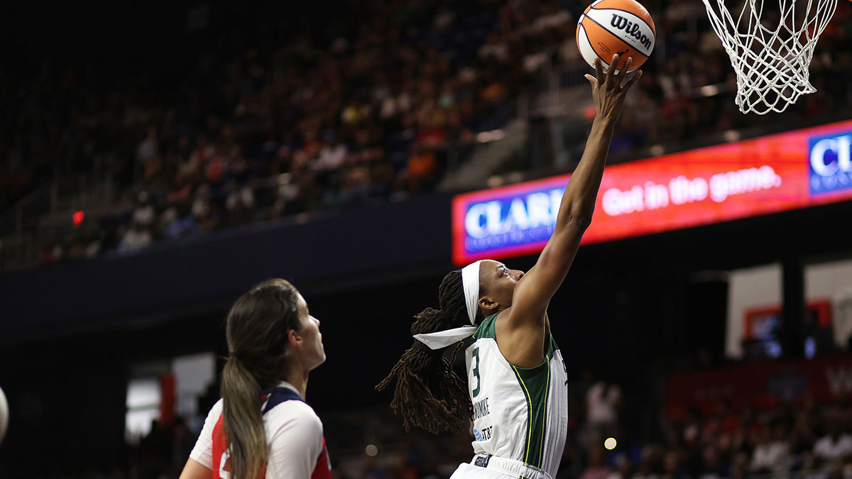Seattle Storm forward Nneka Ogwumike (3) takes a shot during the first half against the Washington Mystics at CareFirst Arena.