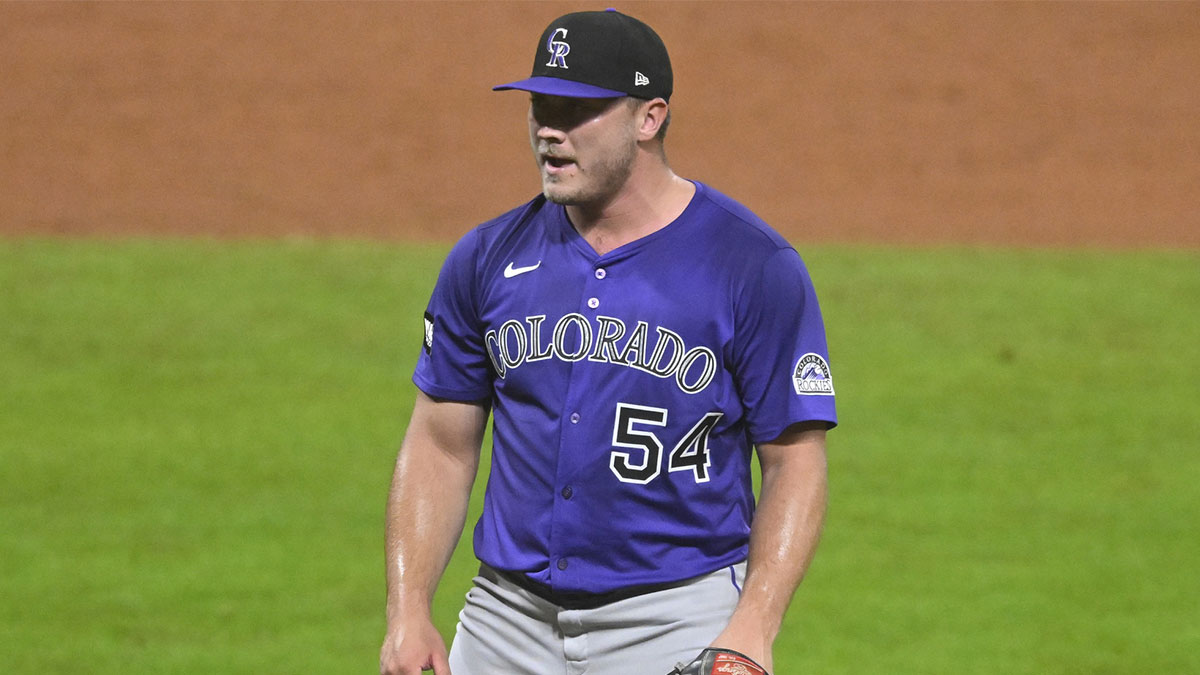 Colorado Rockies relief pitcher Seth Halvorsen (54) reacts after the final out in the ninth inning in a win over the Cleveland Guardians at Progressive Field.