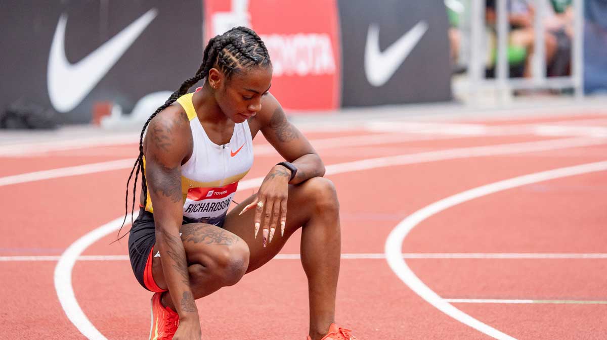 Sha'Carri Richardson rests after the semifinals of the women’s 200 meters during day four of the USATF Outdoor & Para National Championships.