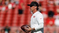 San Francisco 49ers head coach Kyle Shanahan looks on before a game against the Los Angeles Chargers at Levi's Stadium.
