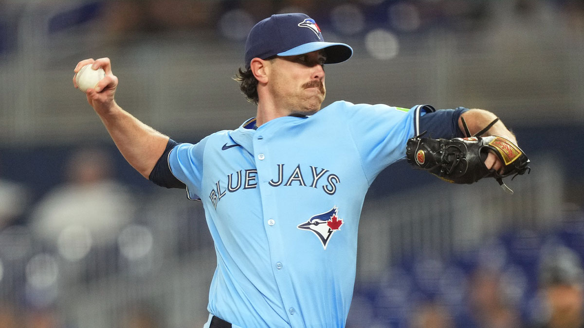 Toronto Blue Jays starting pitcher Shane Bieber (57) throws a pitch against the Miami Marlins at loanDepot Park.