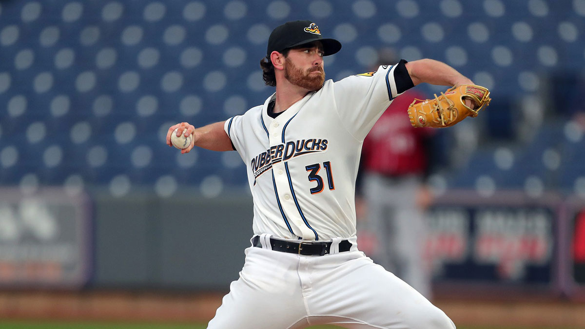 Cleveland Guardians pitcher Shane Bieber throws against the Altoona Curve during a rehab assignment with the Akron RubberDucks at Canal Park, Tuesday, Sept. 12, 2023, in Akron, Ohio.