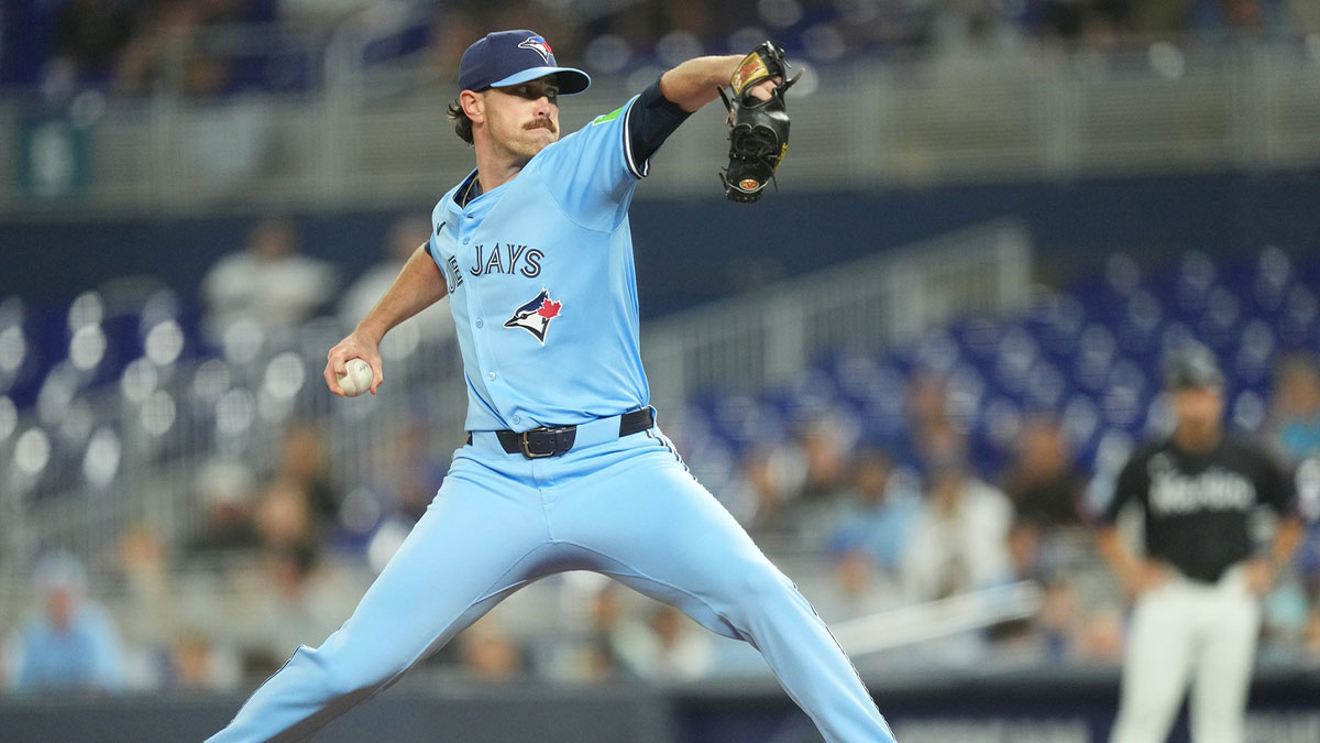 Aug 22, 2025; Miami, Florida, USA; Toronto Blue Jays starting pitcher Shane Bieber (57) throws a pitch against the Miami Marlins at loanDepot Park.