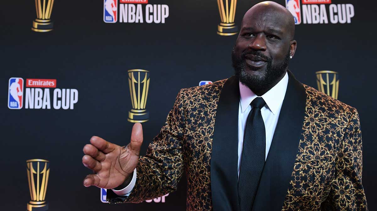 Shaquille O'Neal arrives on the red carpet before the Emirates NBA Cup semifinal game at T-Mobile Arena.