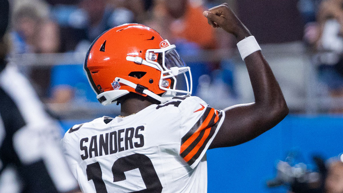 Aug 8, 2025; Charlotte, North Carolina, USA; Cleveland Browns quarterback Shedeur Sanders (12) celebrates after a touchdown
