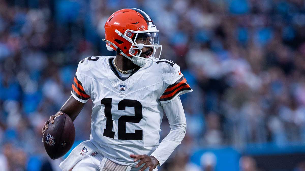 Cleveland Browns quarterback Shedeur Sanders (12) looks down field during the second quarter against the Carolina Panthers at Bank of America Stadium.