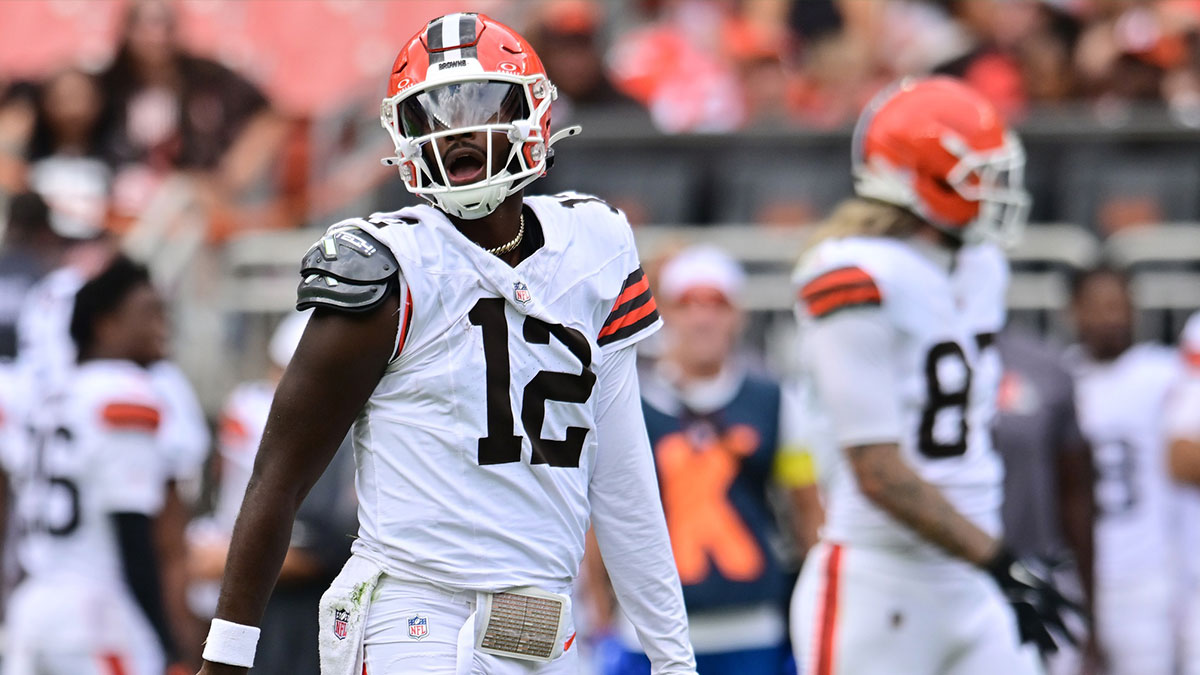 Cleveland Browns quarterback Shedeur Sanders (12) reacts during the second half against the Los Angeles Rams at Huntington Bank Field.