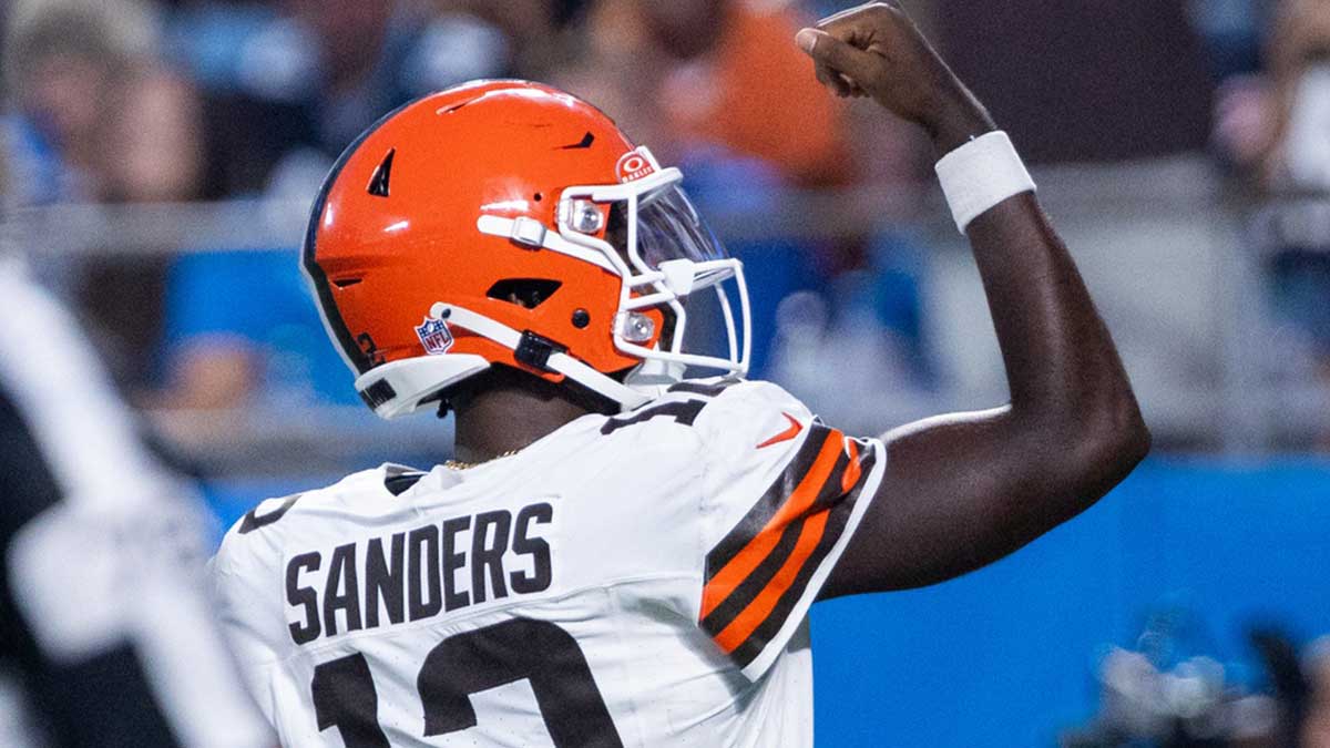 Cleveland Browns quarterback Shedeur Sanders (12) celebrates after a touchdown in the second quarter against the Carolina Panthers at Bank of America Stadium.