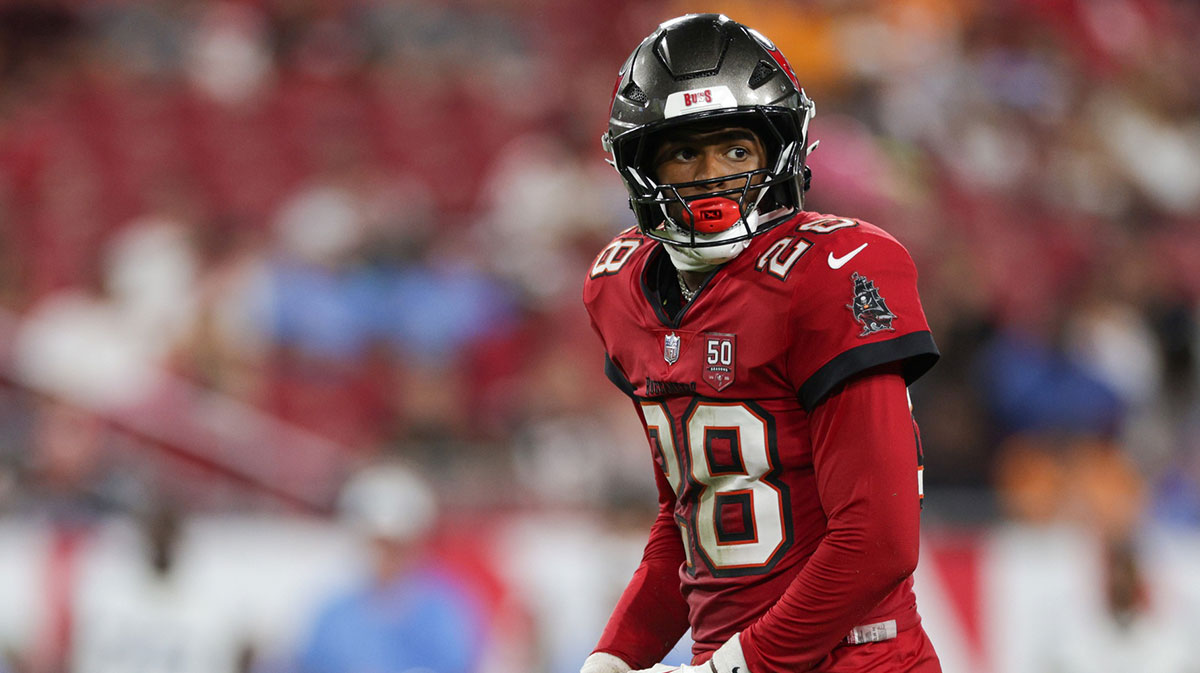 Tampa Bay Buccaneers safety Shilo Sanders (28) looks on during a preseason game against the Tennessee Titans in the fourth quarter at Raymond James Stadium.