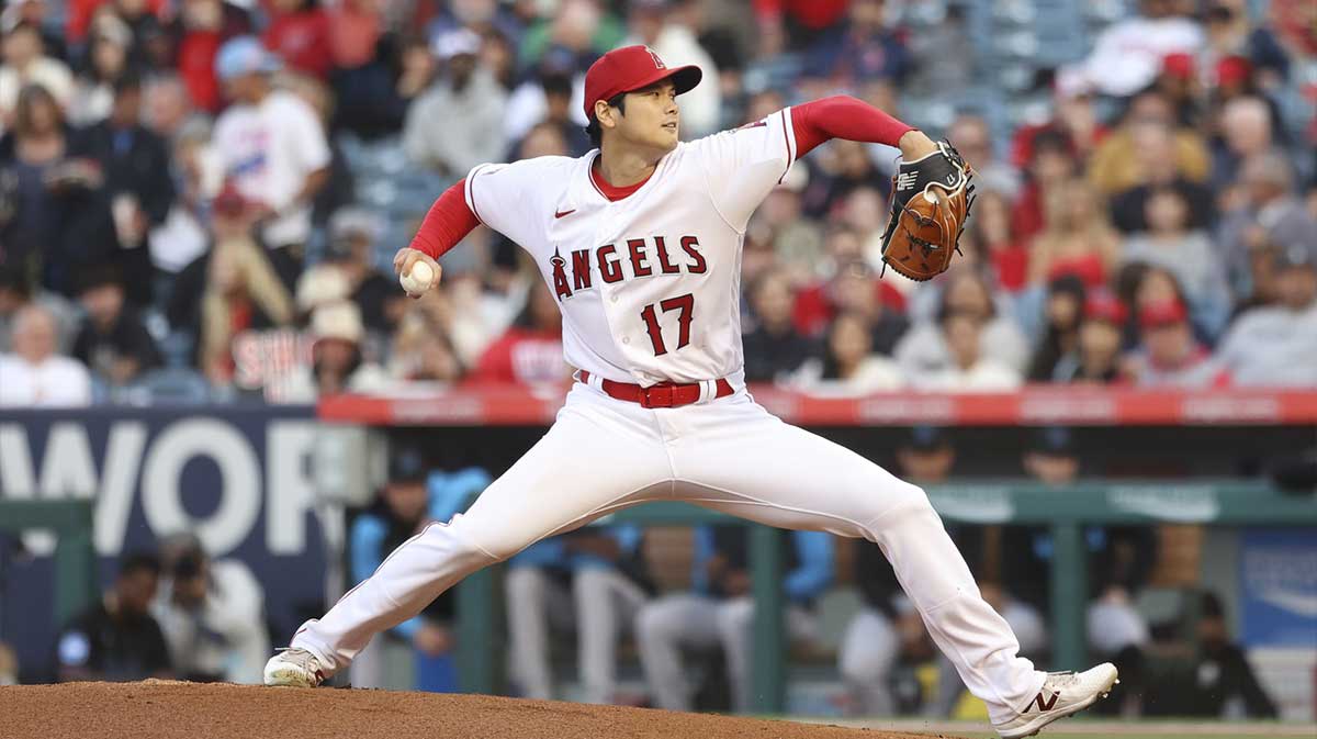 Los Angeles Angels starting pitcher Shohei Ohtani (17) delivers against a Miami Marlins batter during the first inning at Angel Stadium.