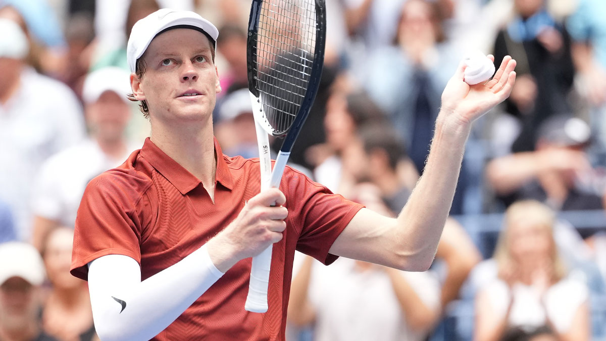 Jannik Sinner (ITA) reacts after beating Alexei Popyrin (AUS) (not pictured) on day five of the 2025 U.S. Open tennis tournament at the USTA Billie Jean King National Tennis Center.