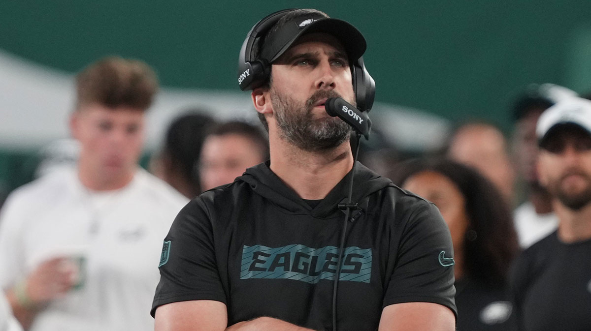 Eagles head coach Nick Sirianni on the sidelines in the first half. The Philadelphia Eagles came to MetLife Stadium to play the NY Jets in the final preseason season game.