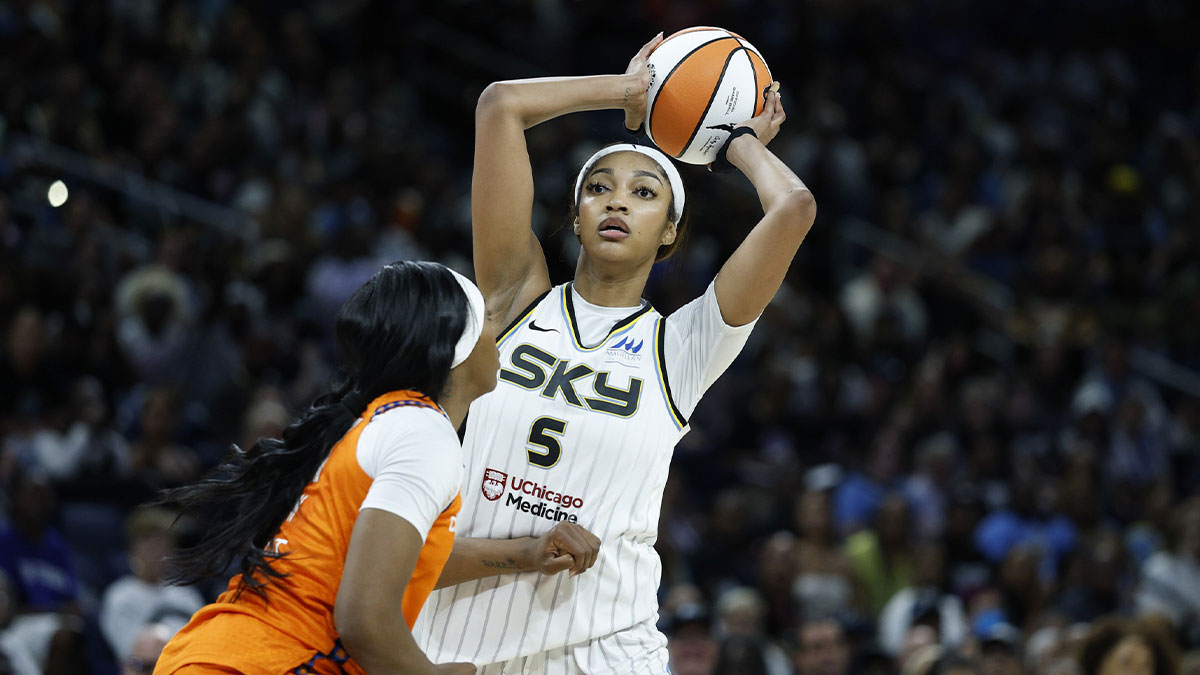 Chicago Sky forward Angel Reese (5) looks to pass the ball against Connecticut Sun forward Aneesah Morrow (24) during the second half at Wintrust Arena.
