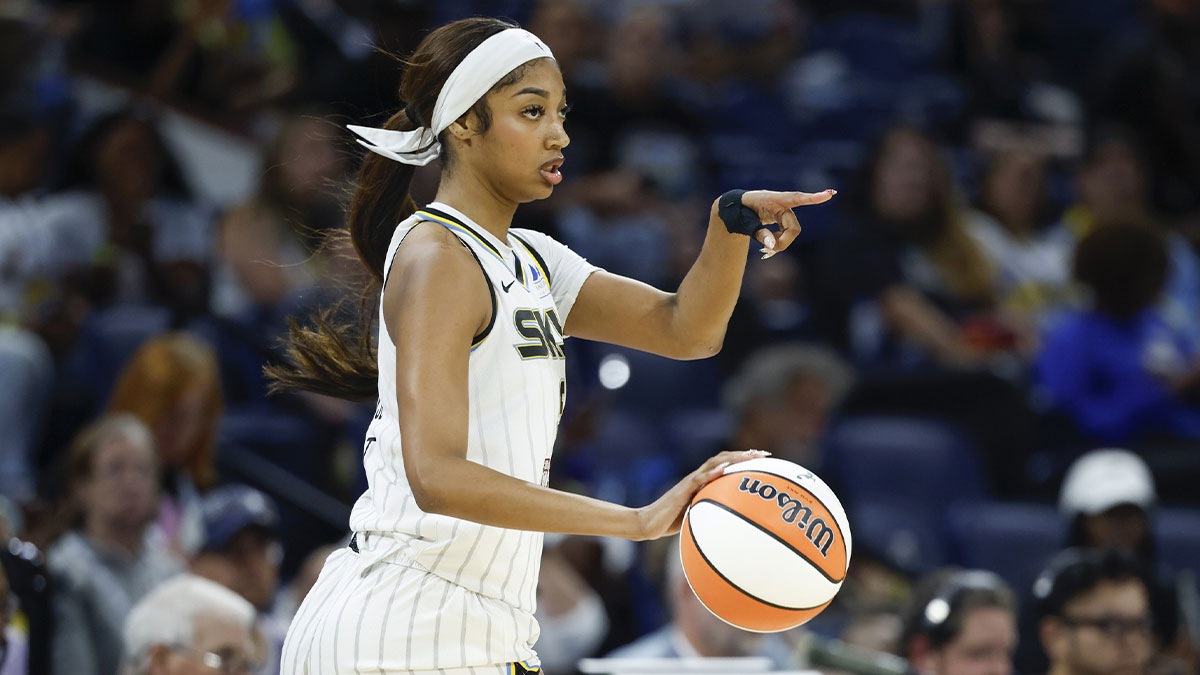 Chicago Sky forward Angel Reese (5) brings the ball up court against the Connecticut Sun during the first half at Wintrust Arena.