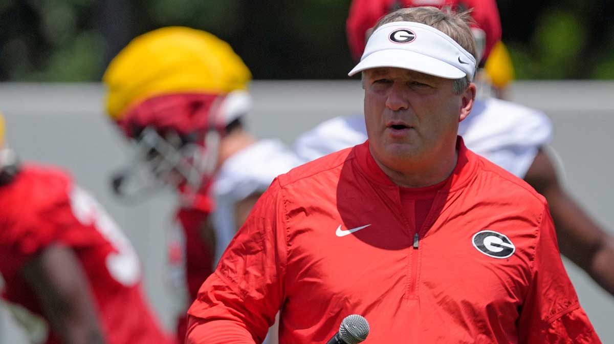 Georgia coach Kirby Smart looks on at the first day of fall practice in Athens, Georgia, on Thursday, July 31, 2025.