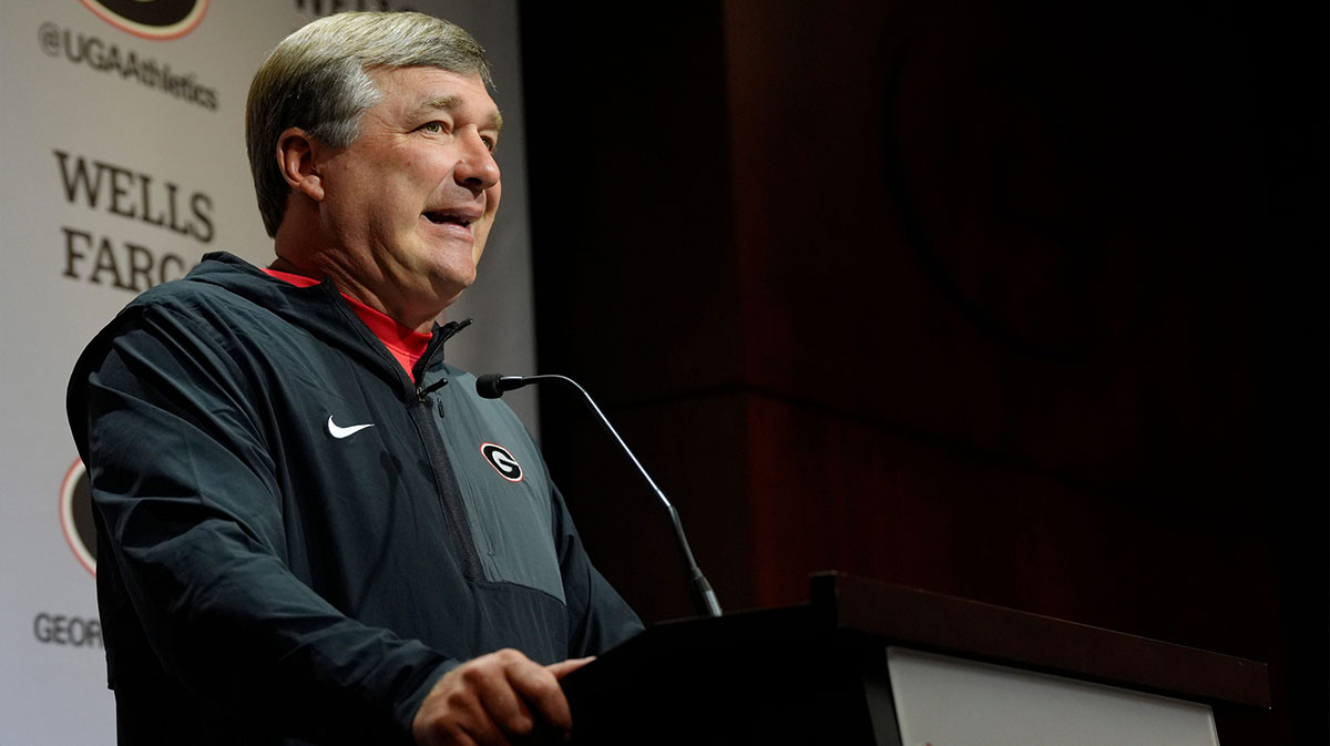 Georgia coach Kirby Smart speaks to the media on the first day of fall practice in Athens, Georgia, on Thursday, July 31, 2025.