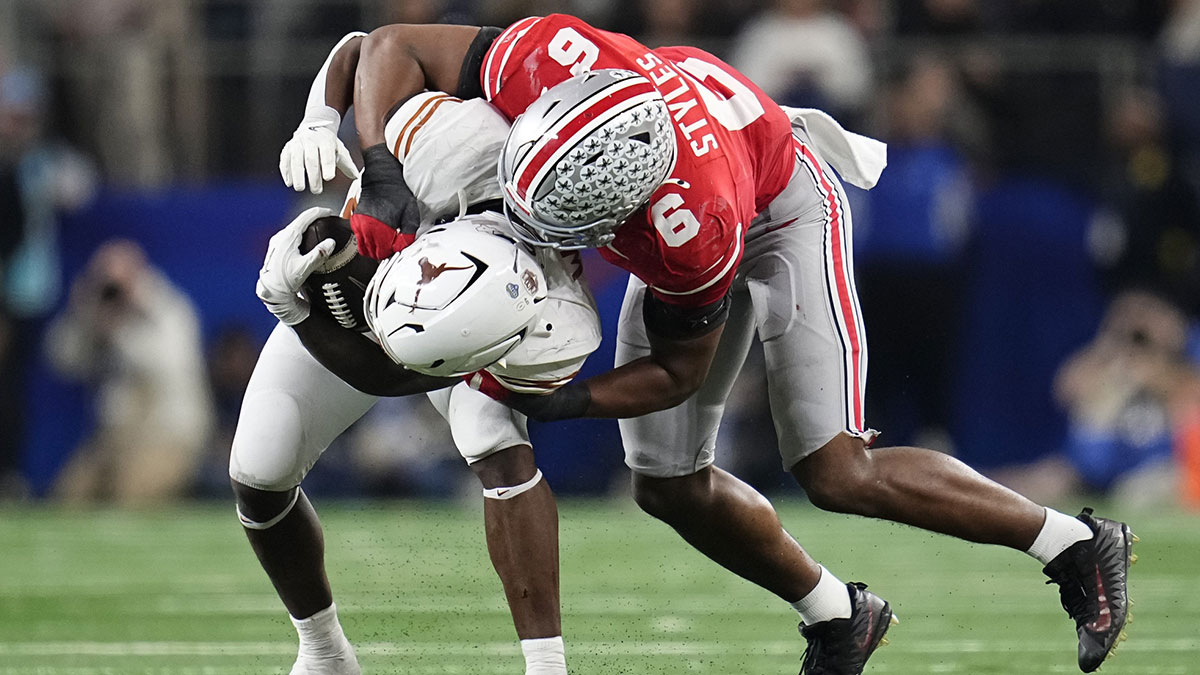 Ohio State Buckeyes safety Sonny Styles (6) tackles Texas Longhorns wide receiver Ryan Wingo (5) during the second half of the Cotton Bowl Classic College Football Playoff semifinal game at AT&T Stadium in Arlington, Texas on Jan. 10, 2025. Ohio State won 28-14.