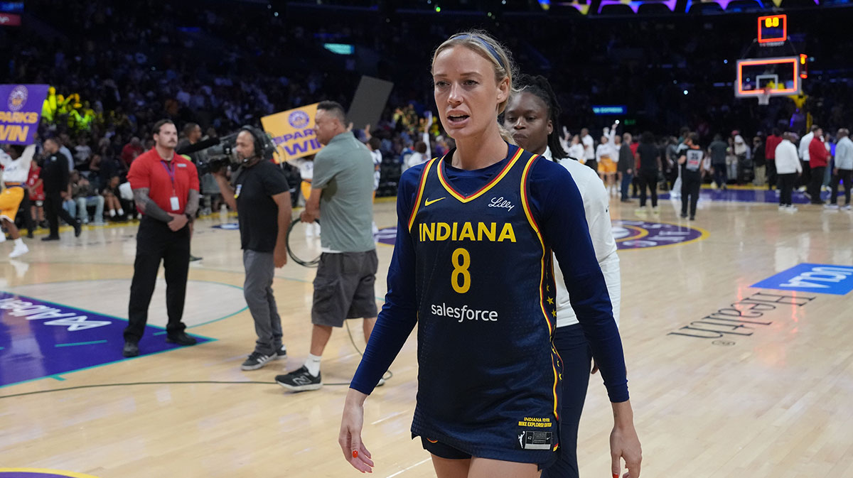 Indiana Fever guard Sophie Cunningham (8) leaves the court after the game against the LA Sparks at the Crypto.com Arena.