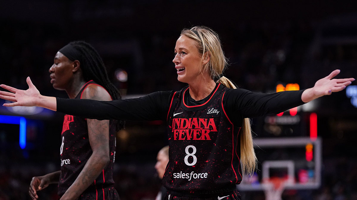 Indiana Fever guard Sophie Cunningham (8) reacts to a call from the referee on Tuesday, Aug. 12, 2025, during the game at Gainbridge Fieldhouse in Indianapolis.