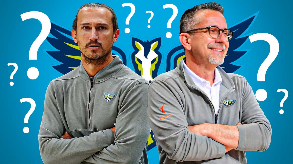 Wings Curt Miller and Wings Chris Koclanes (both in Wings gear) in image. Dallas Wings 2025 logo in background. Question marks everywhere.